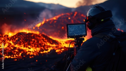 A volcanologist captures footage of a flowing lava eruption while wearing safety gear and observing the magnificent landscape. photo