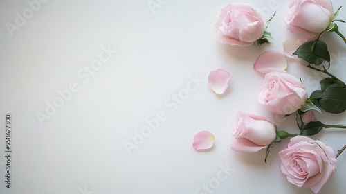 A beautiful garland of pink roses and lush green leaves creates an elegant floral border, ideal for wedding invitations or romantic greeting cards, leaving space for text