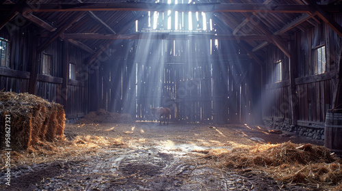 Mystic Sunrays Illuminating Rustic Barn with Horse in Ethereal Morning Light