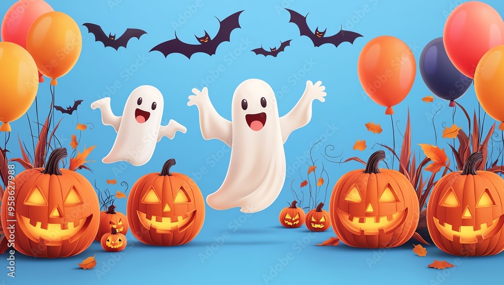 Naklejka premium Cheerful Halloween scene featuring playful ghosts, pumpkins, colorful balloons, and bats against a bright blue background.