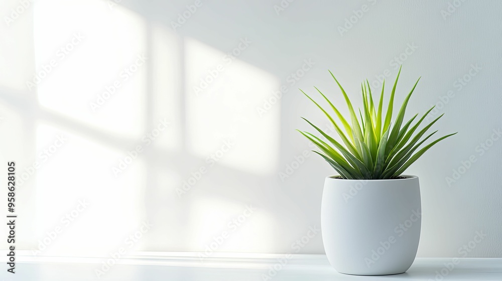 A Single Green Plant in a White Pot Against a White Wall with Light Filtering Through a Window A Single Green Plant in a White Pot Against a White Wall with Light Filtering Through a Window