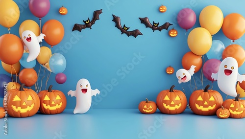 Festive Halloween scene with playful ghosts, pumpkins, colorful balloons, and bats on a bright blue background, perfect for celebrations.