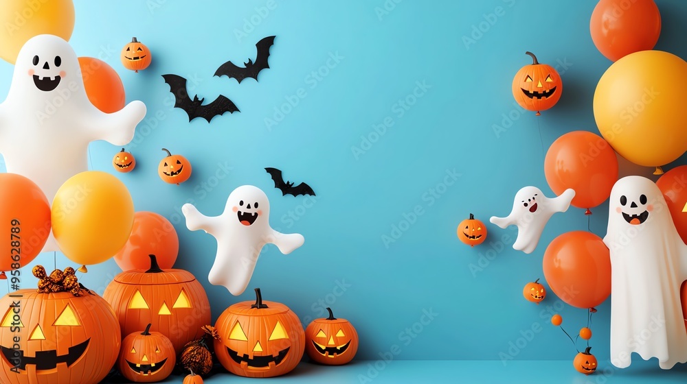 Fototapeta premium A festive Halloween scene featuring balloons, ghosts, pumpkins, and bats against a bright blue background.