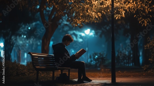 Wallpaper Mural A young person reads intently on a bench in a tranquil park illuminated by soft street lights during a quiet evening Torontodigital.ca