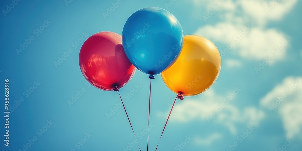 A vibrant image featuring three helium balloons in red, blue, and yellow against a bright blue sky adorned with scattered fluffy white clouds A vibrant image featuring three helium balloons in red, blue, and yellow against a bright blue sky adorned with scattered fluffy white clouds