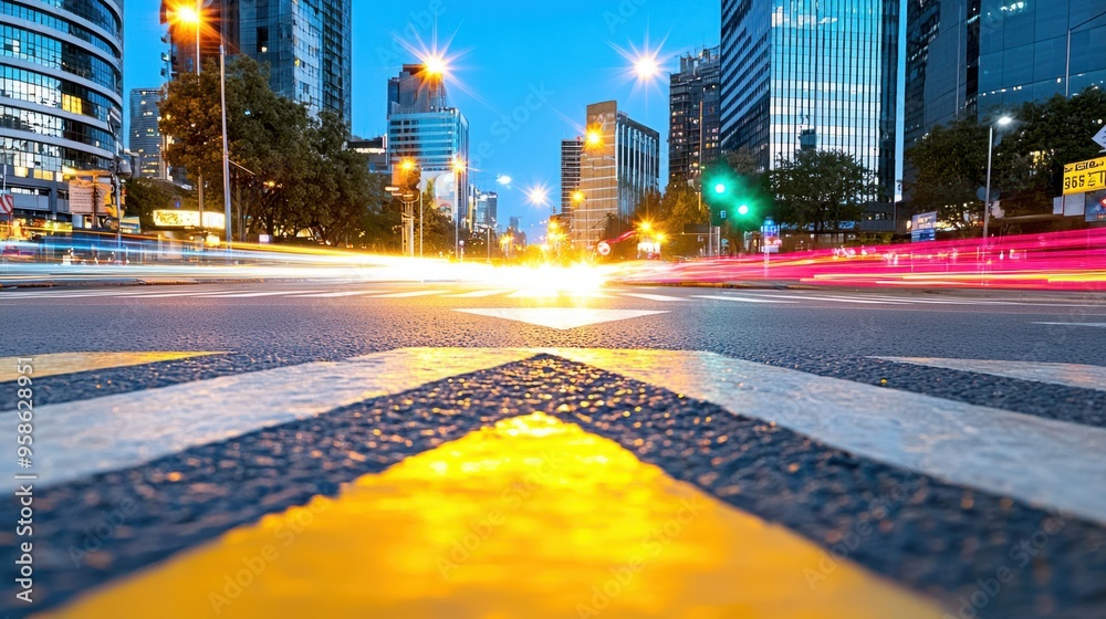 Obraz premium Urban Energy: Night Scene of Bustling Intersection with Dynamic Light Trails and Pedestrian Flows