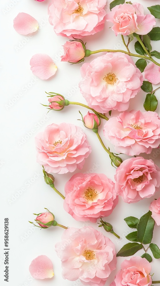 Obraz premium A beautiful garland of pink roses and lush green leaves creates an elegant floral border, ideal for wedding invitations or romantic greeting cards, leaving space for text