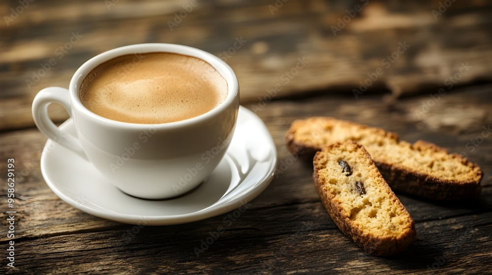 Elegant Italian Espresso Served with Biscotti on Rustic Wooden Table Elegant Italian Espresso Served with Biscotti on Rustic Wooden Table