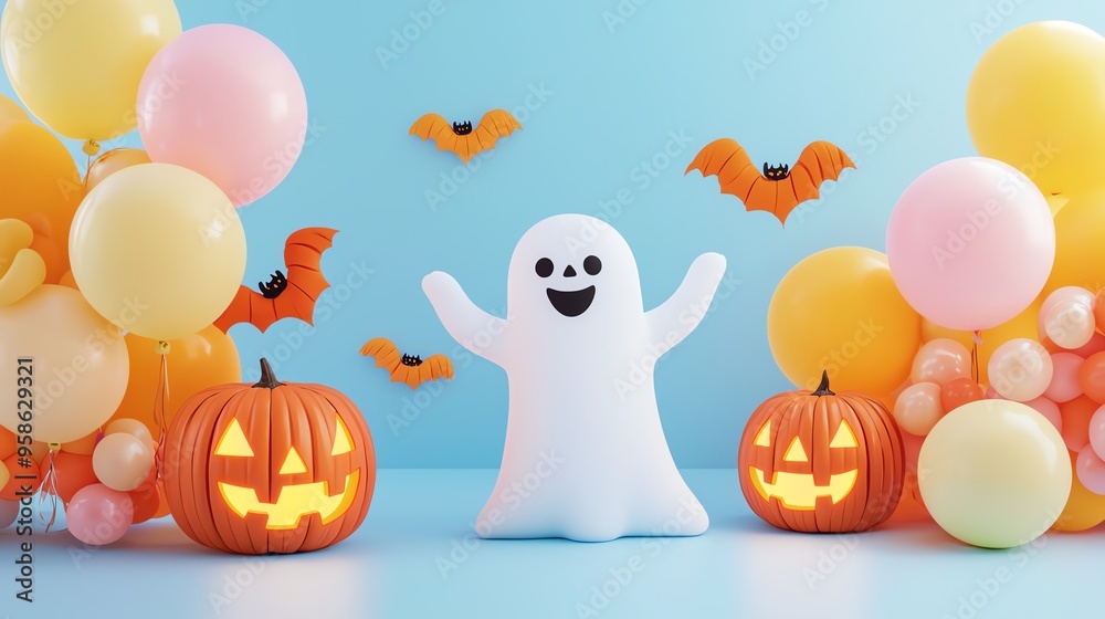 Fototapeta premium A cheerful Halloween scene featuring a friendly ghost, carved pumpkins, colorful balloons, and playful bats.