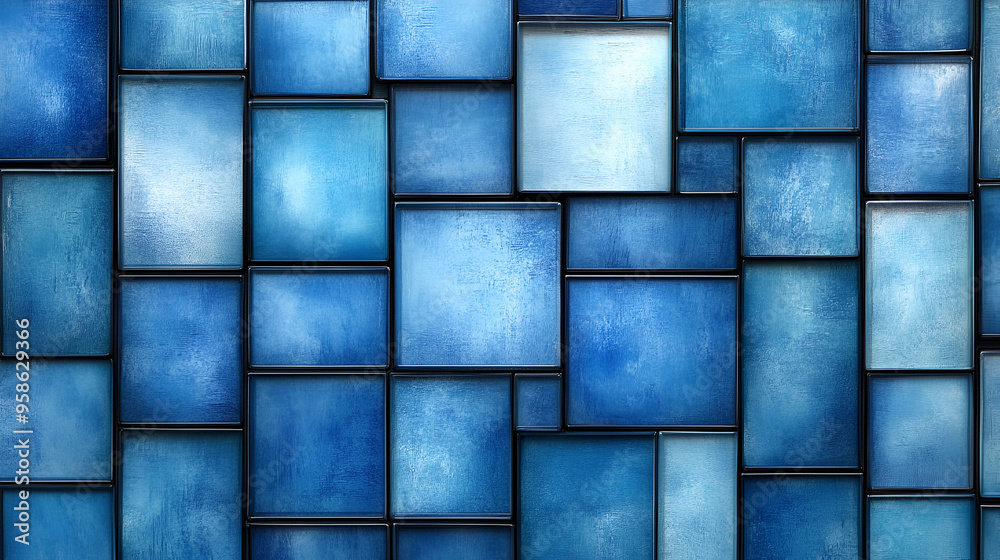A modern abstract art display featuring various shades of blue in rectangular frames arranged on a textured wall A modern abstract art display featuring various shades of blue in rectangular frames arranged on a textured wall