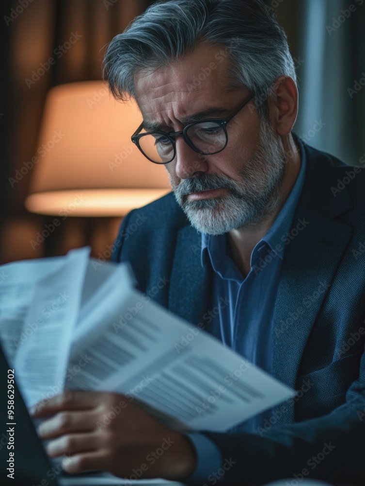 Man Reading Papers at Desk Man Reading Papers at Desk