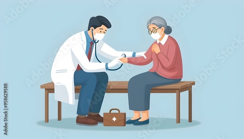 Flat vector illustration of a doctor helping a old woman 