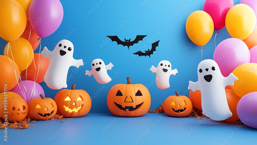 Spooky Halloween scene featuring playful ghosts, spooky pumpkins, colorful balloons, and flying bats, perfect for festive celebrations. Spooky Halloween scene featuring playful ghosts, spooky pumpkins, colorful balloons, and flying bats, perfect for festive celebrations.