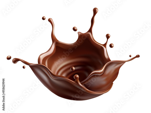 Sweet milk chocolate splash with drops, bubbles and blots. Melting liquid fluid crown drops. Isolated on white background. Vector illustration.