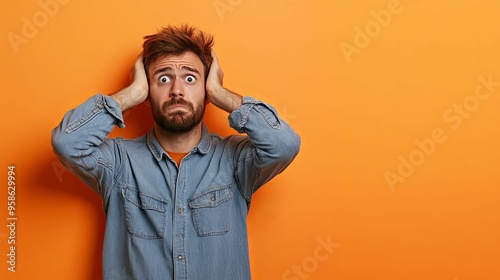 Man in Denim Shirt Covering Ears with Hands Against Orange Background