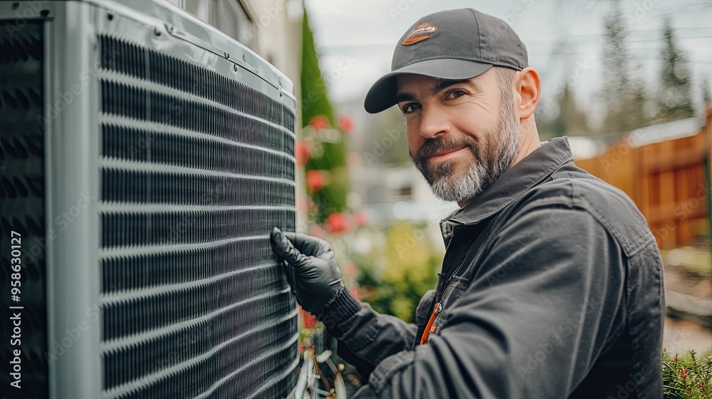 HVAC Technician Inspecting Air Conditioner Unit HVAC Technician Inspecting Air Conditioner Unit
