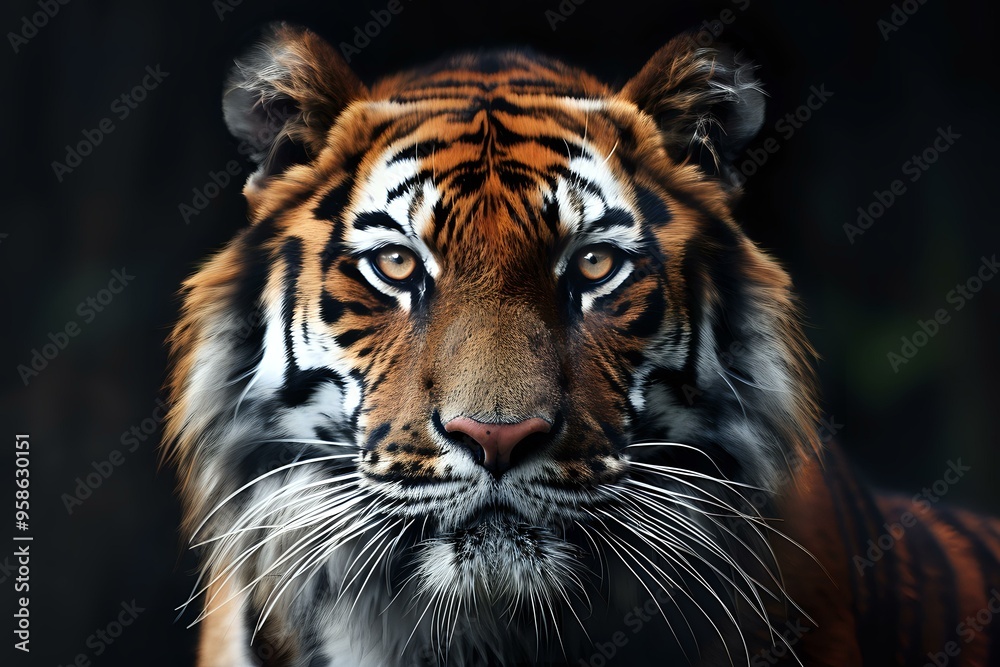 Intense close-up portrait of a tiger, highlighting its fierce gaze and striking markings. Captures the power and elegance of this endangered predator. Perfect for wildlife and conservation themes. Intense close-up portrait of a tiger, highlighting its fierce gaze and striking markings. Captures the power and elegance of this endangered predator. Perfect for wildlife and conservation themes.