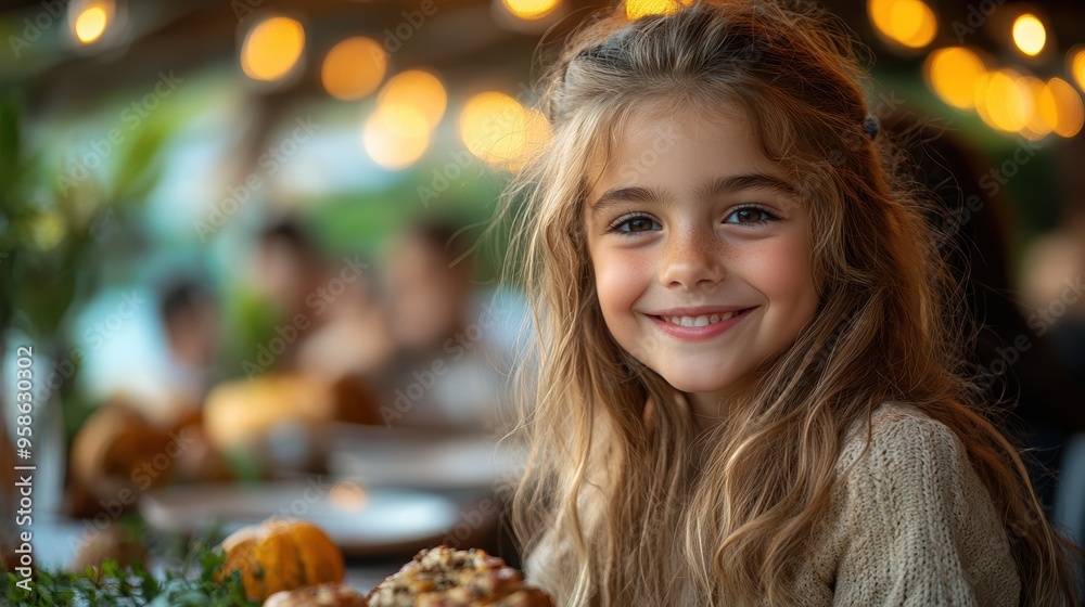 A young girl with long wavy hair smiling brightly while seated at a festive dinner table decorated with lights and pumpkins, capturing the essence of a joyful and warm gathering A young girl with long wavy hair smiling brightly while seated at a festive dinner table decorated with lights and pumpkins, capturing the essence of a joyful and warm gathering