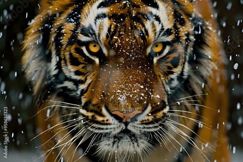 Intense close-up of a tiger’s face in snowfall, capturing its piercing gaze and wild beauty in a winter setting. Perfect for themes of strength, wildlife, and nature’s resilience. photo