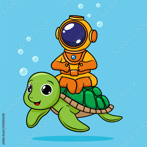 cute yellow diver riding a turtle while meditating. vector illustration. cartoon style.