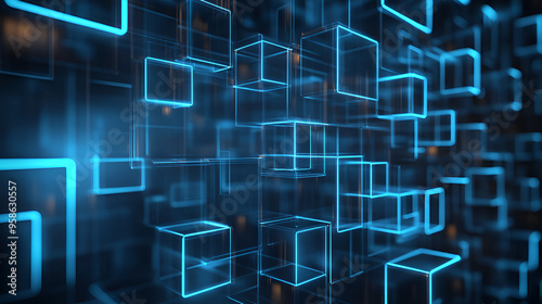 Abstract digital design featuring glowing blue cubes on a dark background representing technology and innovation trends