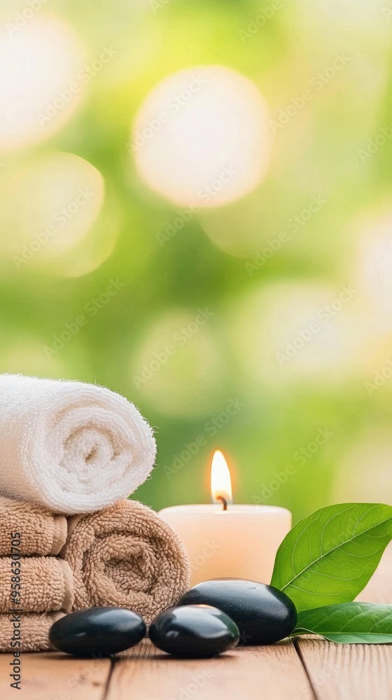 Neatly stacked towels and glowing candles create a calm outdoor spa ambiance, complemented by green leaves and smooth black stones for relaxation Neatly stacked towels and glowing candles create a calm outdoor spa ambiance, complemented by green leaves and smooth black stones for relaxation