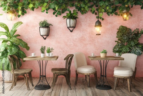 Interior of a modern red cafe with eating tables and chairs on concrete