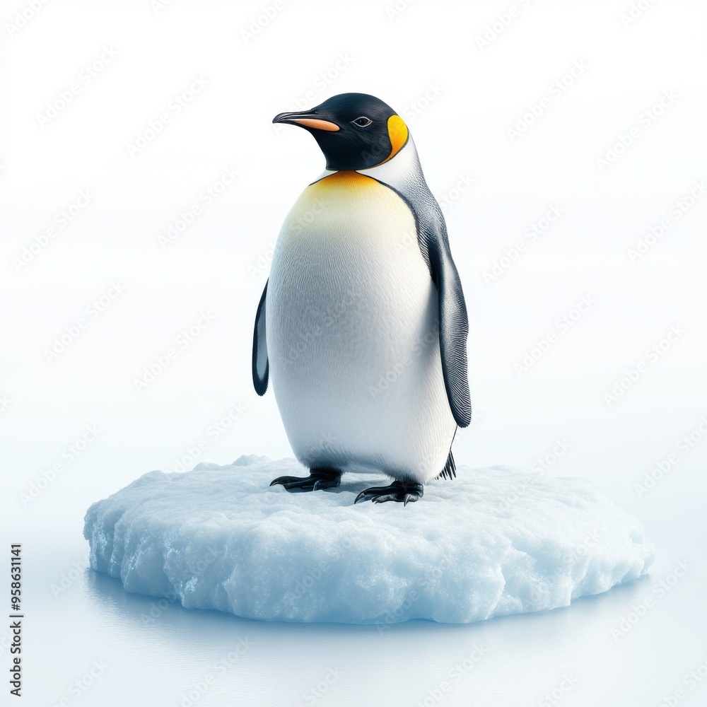 Obraz premium Solitary Penguin on Melting Ice: Climate Change Awareness in Photorealistic Cold Tones | Isolated Arctic Bird in Crisis.