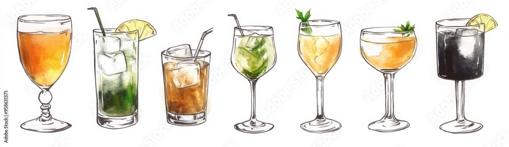 DIY elements for bar menu social media ads and posters of watercolor handpainted summer aperitif cocktails on a white background DIY elements for bar menu social media ads and posters of watercolor handpainted summer aperitif cocktails on a white background