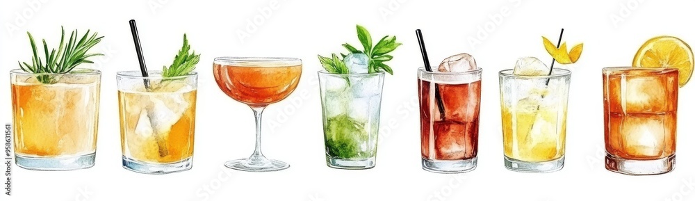 Obraz premium Simple sketch illustration of summer aperitif cocktail glasses on white background with watercolor hand-painted elements for bar menus, social media ads, and posters