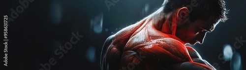 A close-up of a muscular man showcasing strength and discipline in a dramatic lighting setting.