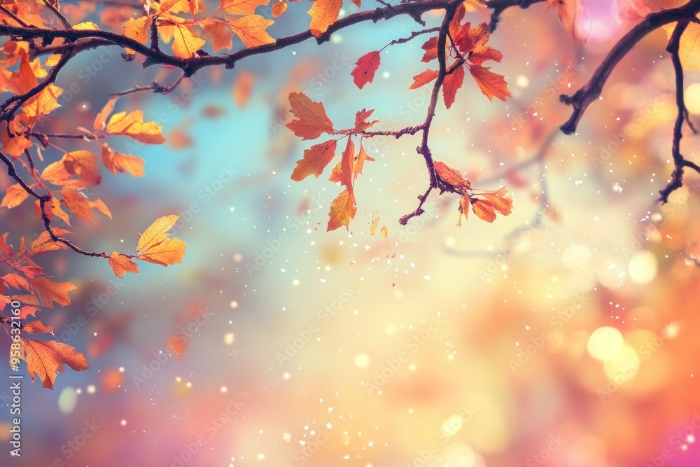 Fototapeta premium A Branch of Golden Autumn Leaves Against a Softly Blurred Background