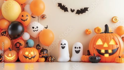 Colorful Halloween decorations with pumpkins, ghosts, and balloons create a festive atmosphere for spooky celebrations.