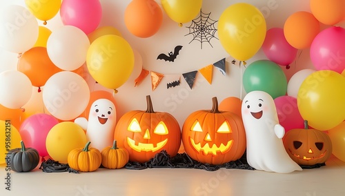 Festive Halloween scene with balloons, pumpkins, and cheerful ghosts creating a spooky yet fun atmosphere for celebrations.