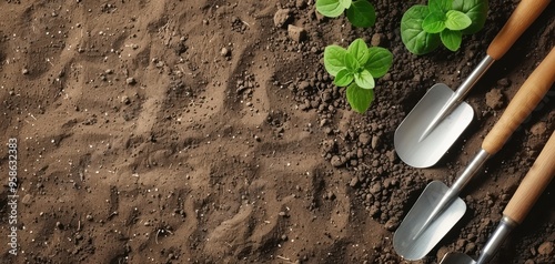 Three wooden spades are on a dirt ground photo