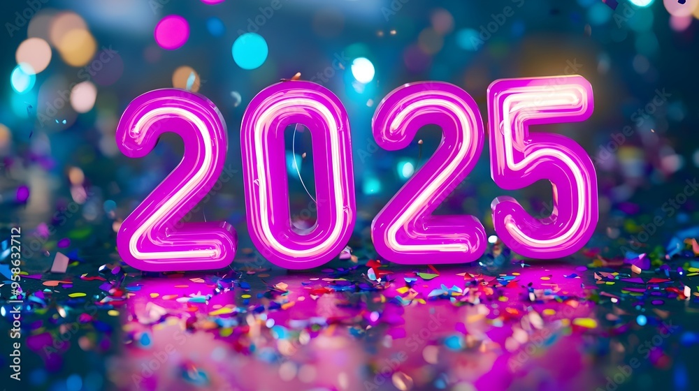 Glowing Neon 2025 Surrounded by Sparkling Lights and Confetti for Celebratory Concept Glowing Neon 2025 Surrounded by Sparkling Lights and Confetti for Celebratory Concept