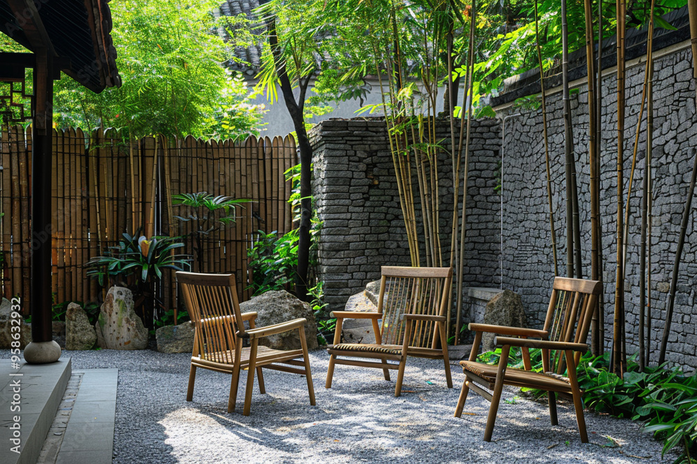 Bamboo chairs are placed next to the mortar wall. There are sawn trees around the walls and the building. Asian style gardening. Bamboo chairs are placed next to the mortar wall. There are sawn trees around the walls and the building. Asian style gardening.