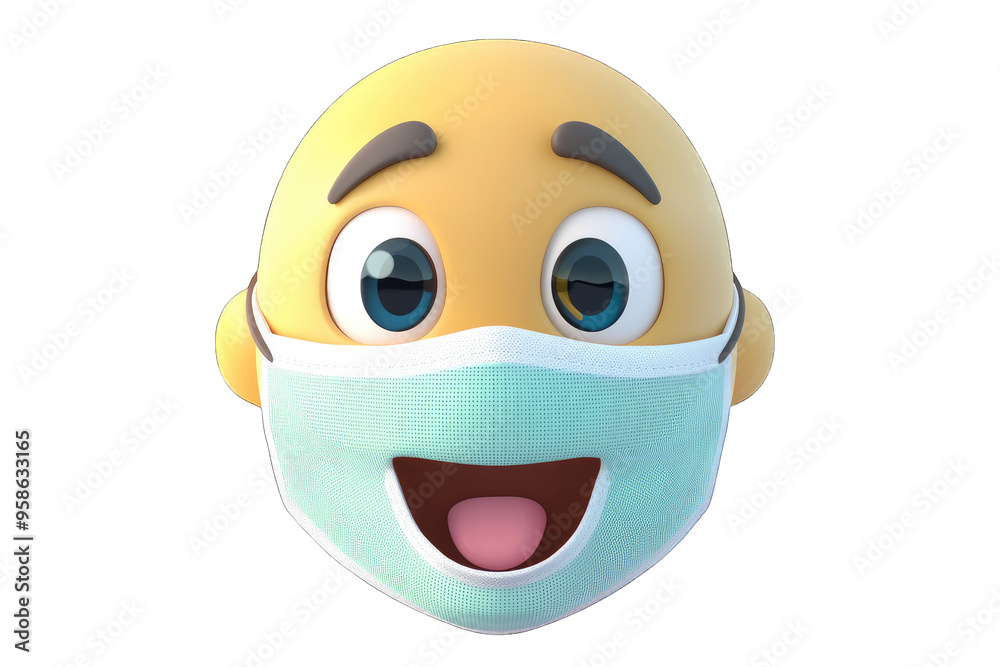 Fototapeta premium Cheerful cartoon face wearing a protective mask, illustrating safety and happiness in the context of health care.