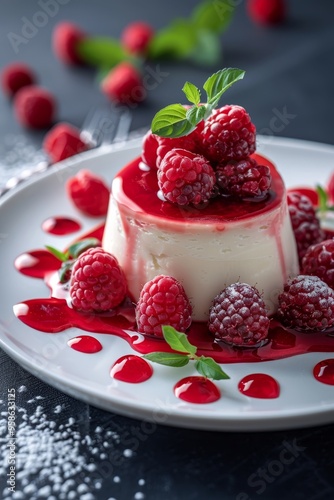 White chocolate mousse with raspberry coulis photo