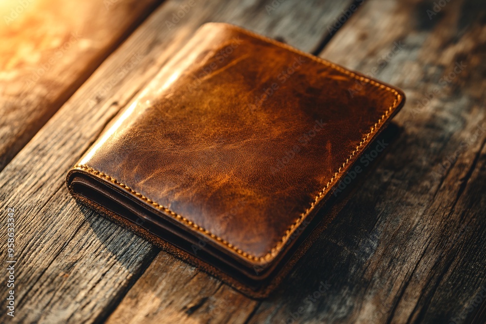 Brown Leather Wallet on Rustic Wooden Background Brown Leather Wallet on Rustic Wooden Background