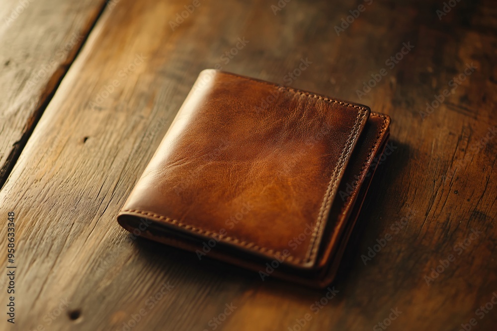 Brown Leather Wallet on Rustic Wooden Table Brown Leather Wallet on Rustic Wooden Table