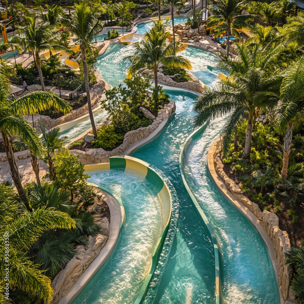 Fototapeta premium Panoramic view of a waterpark with lazy rivers, slides, and palm trees, creating a tropical atmosphere