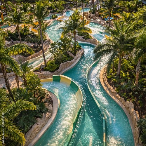 Panoramic view of a waterpark with lazy rivers, slides, and palm trees, creating a tropical atmosphere