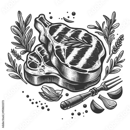 grilled steaks with herbs, garlic, and a fork, evoking rustic cooking and a vintage culinary style sketch engraving generative ai vector illustration. Scratch board imitation. Black and white image.