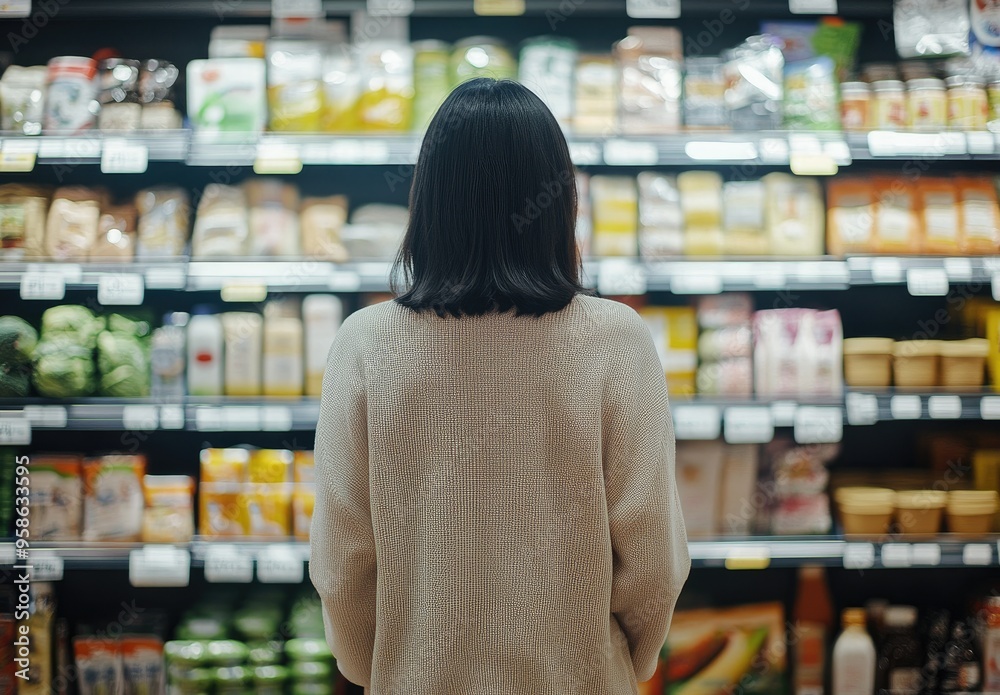 Woman Shopping in Grocery Store Aisle