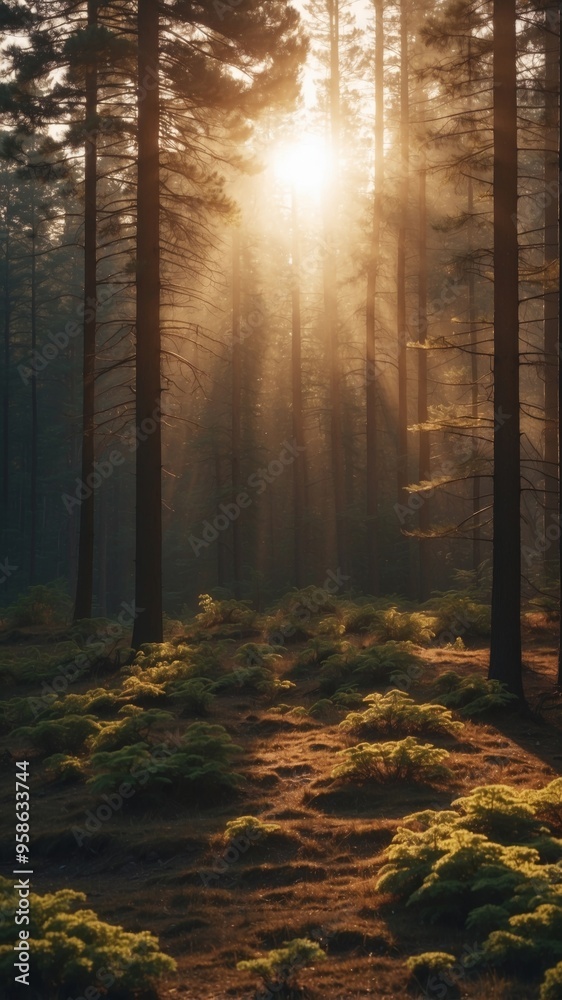 Vertical landscape with pine branches and sun rays. Vertical landscape with pine branches and sun rays.