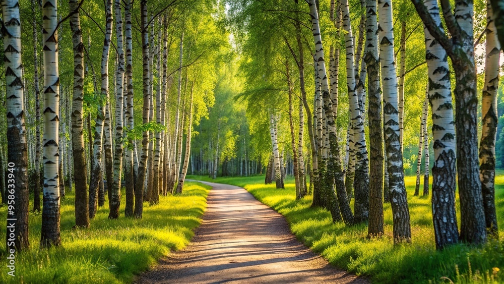 Fototapeta premium pathway, July, summer, birch grove, A minimalist pathway meanders through a sunny birch grove in the vibrant month of July