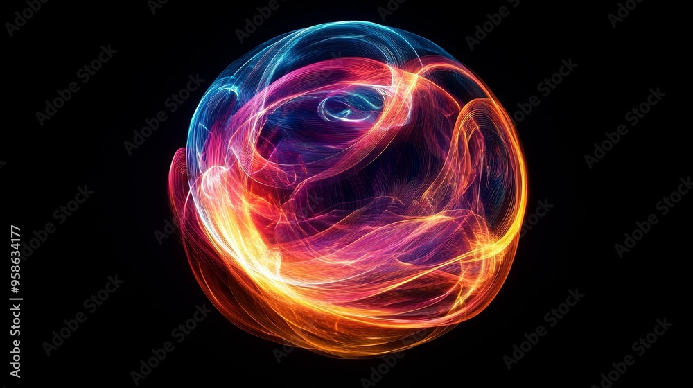 Abstract Sphere of Swirling Light with Blue, Red, and Yellow Hues Abstract Sphere of Swirling Light with Blue, Red, and Yellow Hues