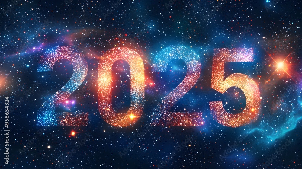 Glittering 2025 in Cosmic Space with Starry Background Glittering 2025 in Cosmic Space with Starry Background