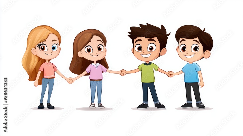 Happy Cartoon Friends Celebrating Friendship Day with Handshake on Soft Background Happy Cartoon Friends Celebrating Friendship Day with Handshake on Soft Background